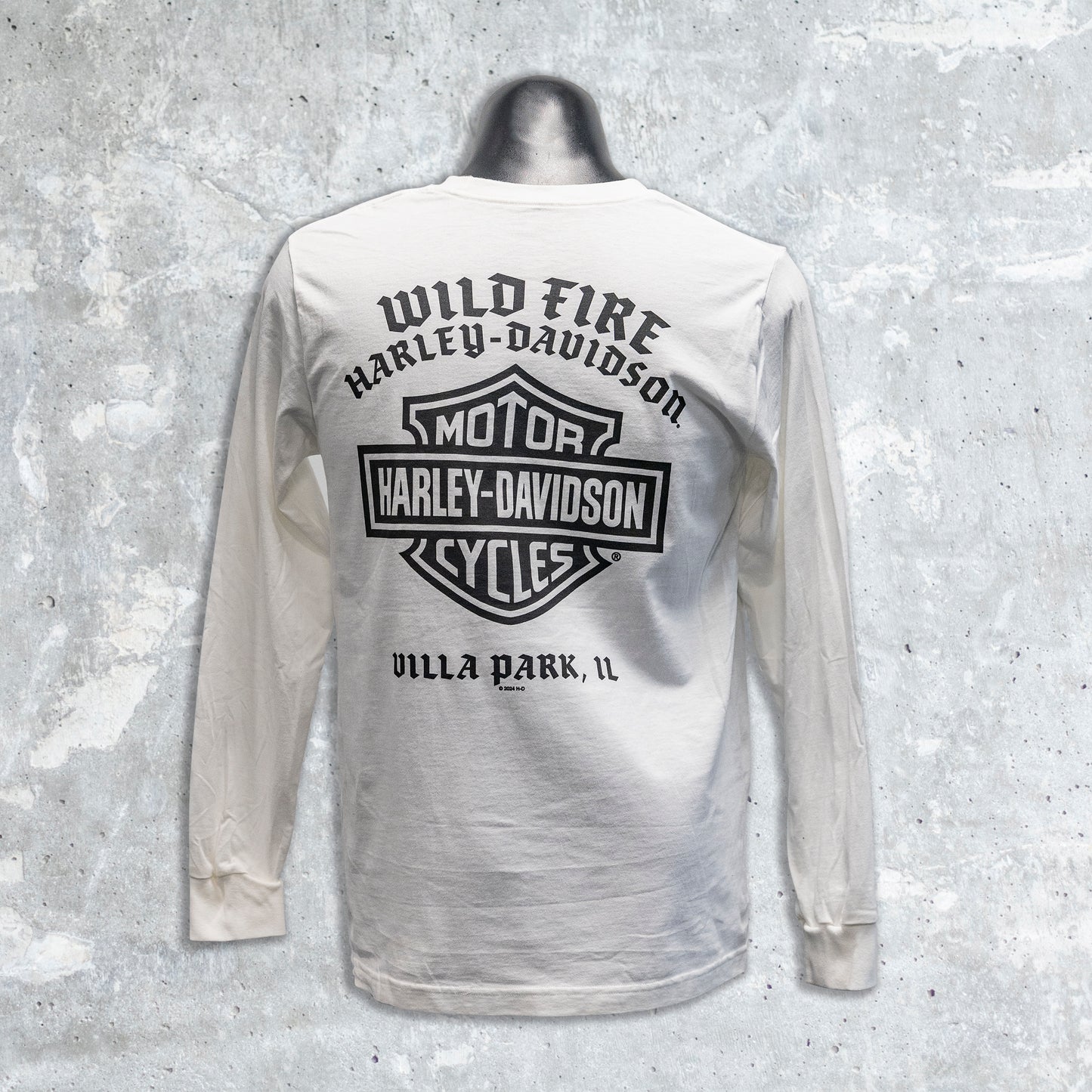 Wild Fire Harley Davidson- White Long Sleeve Shirt with Black Bar and Shield Outline