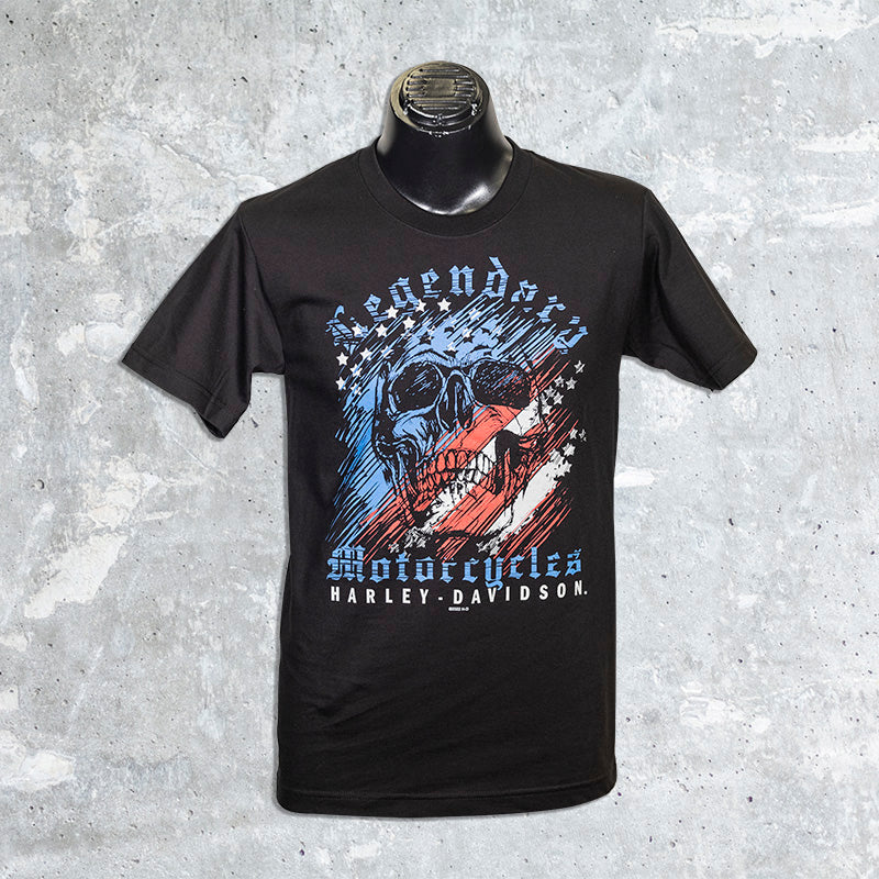 Fox River Harley DavidsonBlack TShirt with Stars and Stripes Skull