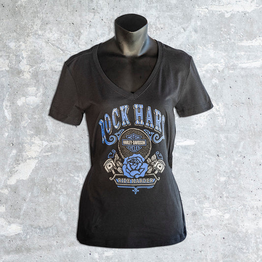 Lakeshore Harley Davidson- Black Women's V-Neck T-Shirt with Blue Rose