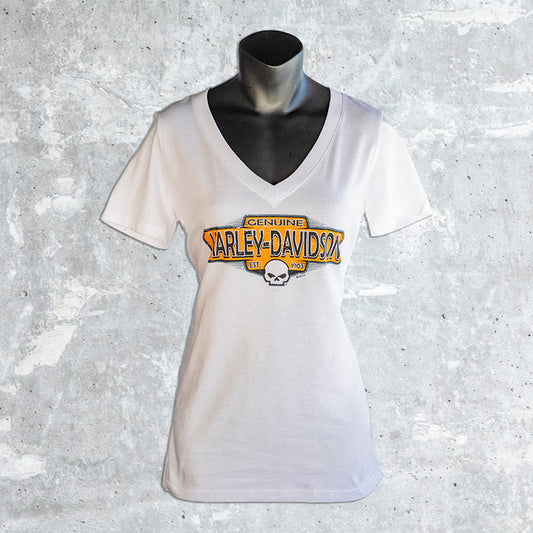 Lakeshore Harley Davidson- Women's White V-Neck T-Shirt with Orange Shield