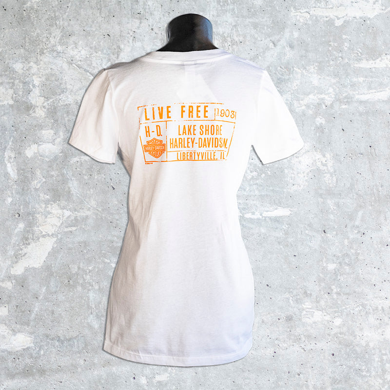 Lakeshore Harley Davidson- Women's White V-Neck T-Shirt with Orange Shield