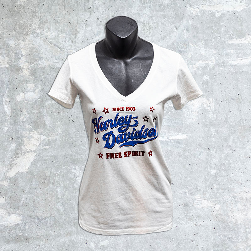 West Bend Harley Davidson-Women's White V-Neck Script T-Shirt