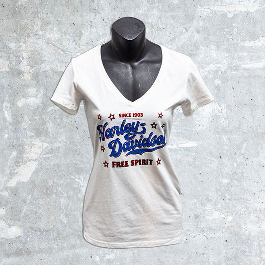 West Bend Harley Davidson-Women's White V-Neck Script T-Shirt