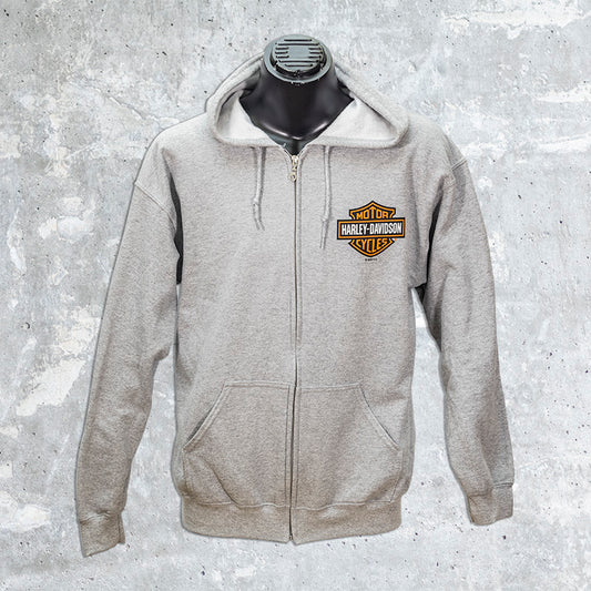 Wild Fire Harley Davidson- Gray Zip Up Hoodie with Text on Sleeve and Bar and Shield