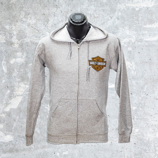 Wild Fire Harley Davidson-Gray Zip Up Hoodie with Skeleton and V-Twin Motor