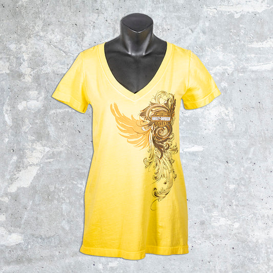 Woodstock Harley Davidson- Yellow Whispering Logo V-Neck Shirt